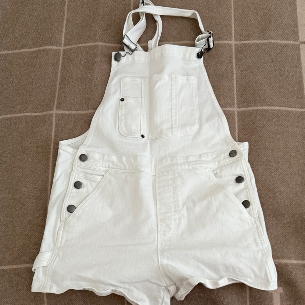 Frame Denim Cream Overalls with Button Accents